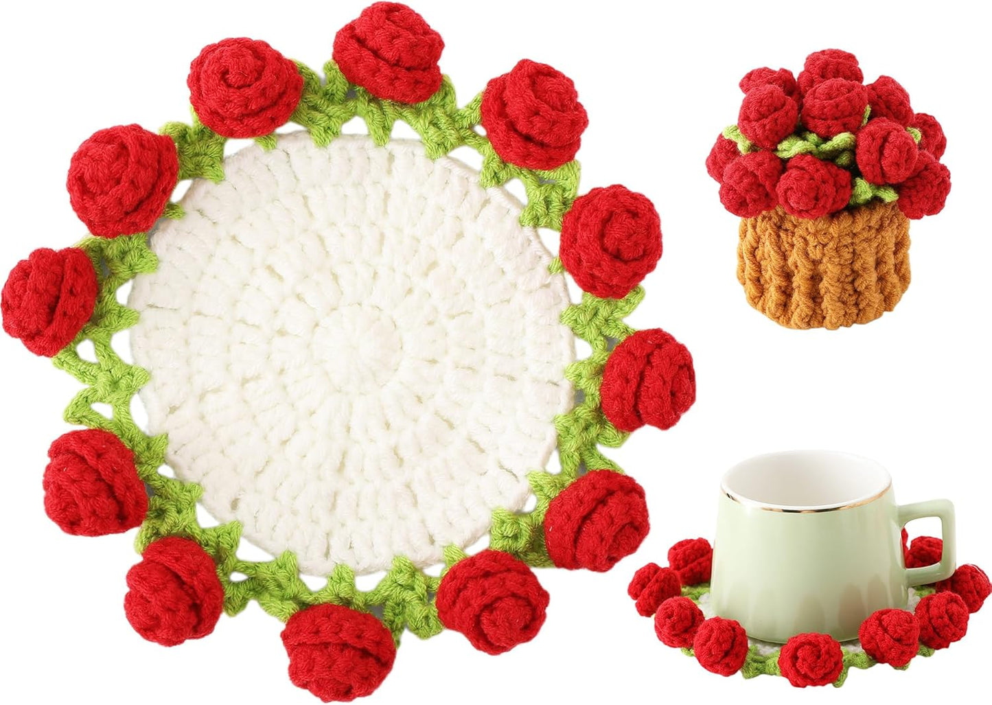 Flower Crochet Coasters, Handmade Bouquet Blanket Coaster with Crochet Plant Pot Fun Soft Decorative Drink Coasters for Coffee Tabletop Protection and Home Decor (Pink, 1Pc)