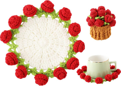 Flower Crochet Coasters, Handmade Bouquet Blanket Coaster with Crochet Plant Pot Fun Soft Decorative Drink Coasters for Coffee Tabletop Protection and Home Decor (Pink, 1Pc)