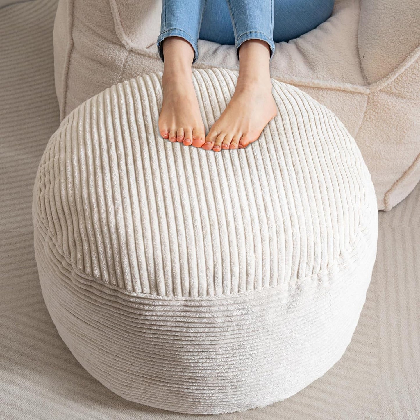 HIGOGOGO Round Stuffed Pouf Ottoman, Corduroy Poufs with Foam Chunk Filling, Furry and Fluffy Pouf Foot Stool Storage Ottoman, 20 X 15 Floor Poufs Foot Rest for Living Room, Dark Grey