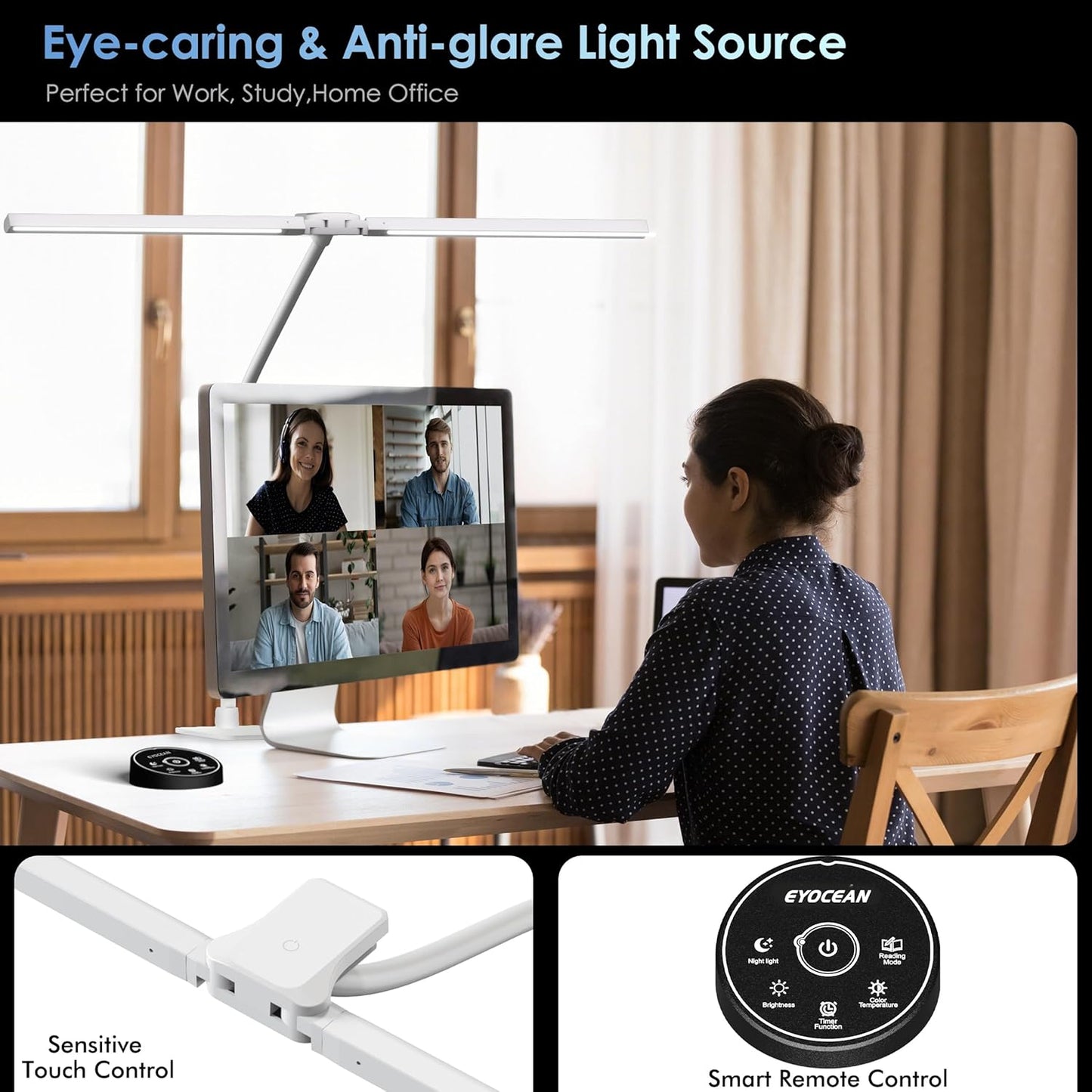 EYOCEAN Desk Lamp with Clamp, 31.5" LED Desk Lamp for Home Office, 24W Double Head Desk Light, Dimmable & Color Temperature, Table Lamp with Remote Control, Brightest Computer Monitor Light