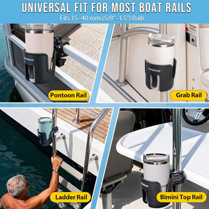 QualyQualy Boat Rail Cup Holder 2 Pack, No-Drill Clamp-On Marine Cup Holders 360° Adjustable for Pontoon Boat, Bimini Top, Grab Bar, PWC, Jet Ski, Fits Round & Square Rails 15-40mm, Boat Gifts for Men