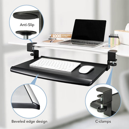 EHO Large Ergonomic C-Clamp Keyboard Tray Mount Under Desk with Wrist Rest, Slide-Out Platform 27.5" (31.8" Including Clamps) x 12.5", Pull Out Keyboard & Mouse Tray for Home or Office, Black