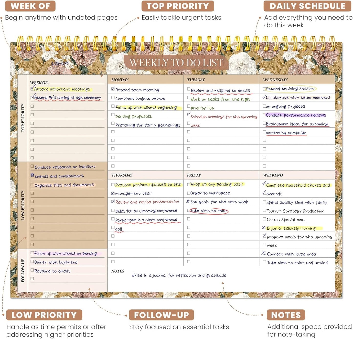 Weekly To Do List Notepad with 52 Undated Sheets（8.5"×11"）- Undated Weekly Planner Notepad for Office Desk Accessories and Supplies - Midnight Lilac