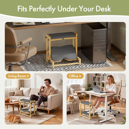 Double Step Foot Rest Under Desk, Adjustable Wooden Desk Foot Rest with 4 Heights, Ergonomic Foot Stool with Cushion for Office, Gaming & Study (Natural Color)