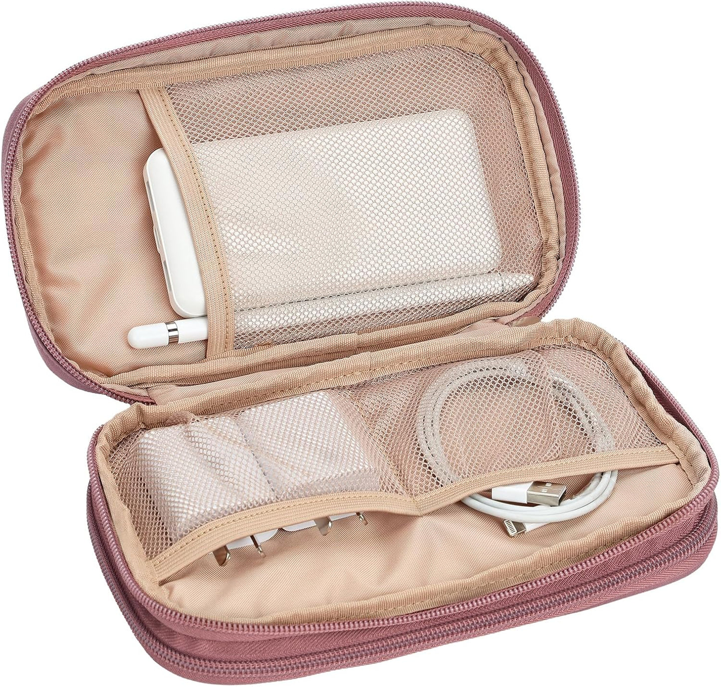 NISHEL Travel Cord Organizer Case, Double Layers Tech Electronic Bag, Essentials for Charger, Cable, Phone, Flash drive, Medium, Pink