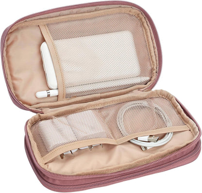 NISHEL Travel Cord Organizer Case, Double Layers Tech Electronic Bag, Essentials for Charger, Cable, Phone, Flash drive, Medium, Pink