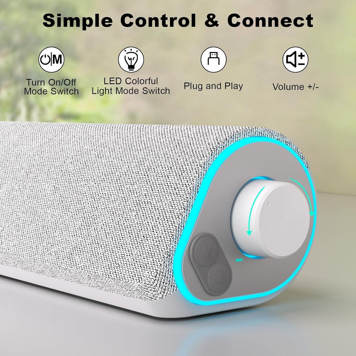 SOULION R50 Bluetooth Computer Speakers, 3.5mm PC Sound Bar for Desktop Monitor, Wired USB Powered & Colorful LED Lights with Switch Button, Surround Sound Soundbar PC Spearkers for Computer