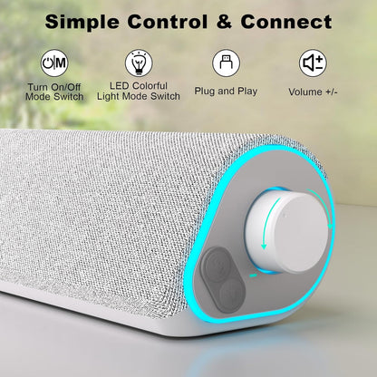 SOULION R50 Bluetooth Computer Speakers, 3.5mm PC Sound Bar for Desktop Monitor, Wired USB Powered & Colorful LED Lights with Switch Button, Surround Sound Soundbar PC Spearkers for Computer