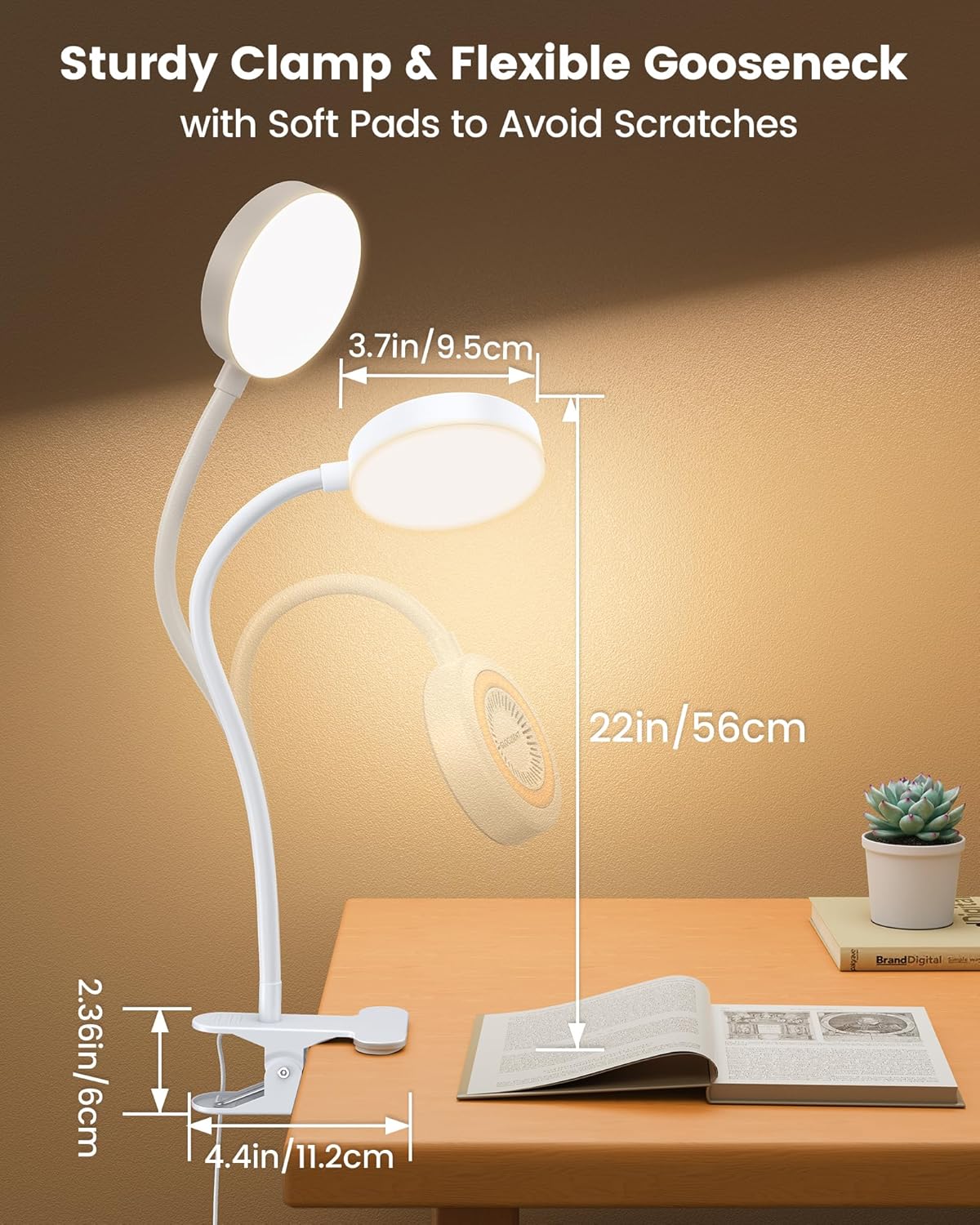 Glocusent 72 LED Clip on Lamp with Remote, Reading Light with Amber Ring, 3 Colors & 5 Dimmable Bed Lamp, 30/60-Min Auto Off Timer, Clamp Light for Headboard/Dorm/Bunk (Black)