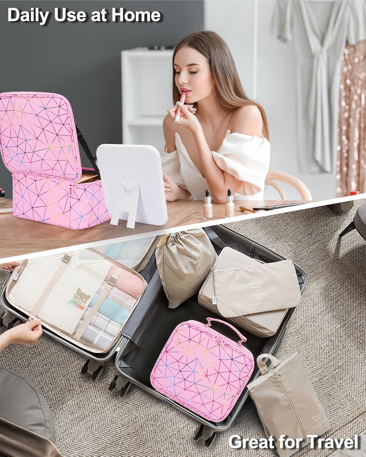 Relavel Travel Makeup Bag With LED Mirror, Cosmetic Train Case with Light up Mirror, Portable Makeup Artist Organizer Bag with Adjustable Dividers, Makeup Brush Holder Storage, Black