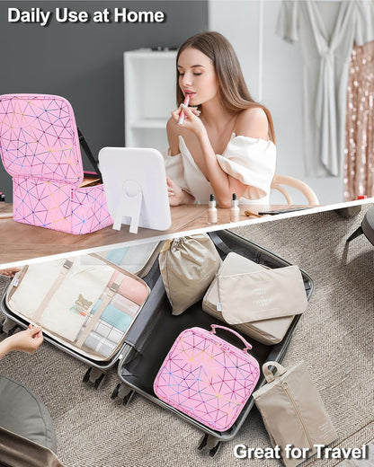 Relavel Travel Makeup Bag With LED Mirror, Cosmetic Train Case with Light up Mirror, Portable Makeup Artist Organizer Bag with Adjustable Dividers, Makeup Brush Holder Storage, Black