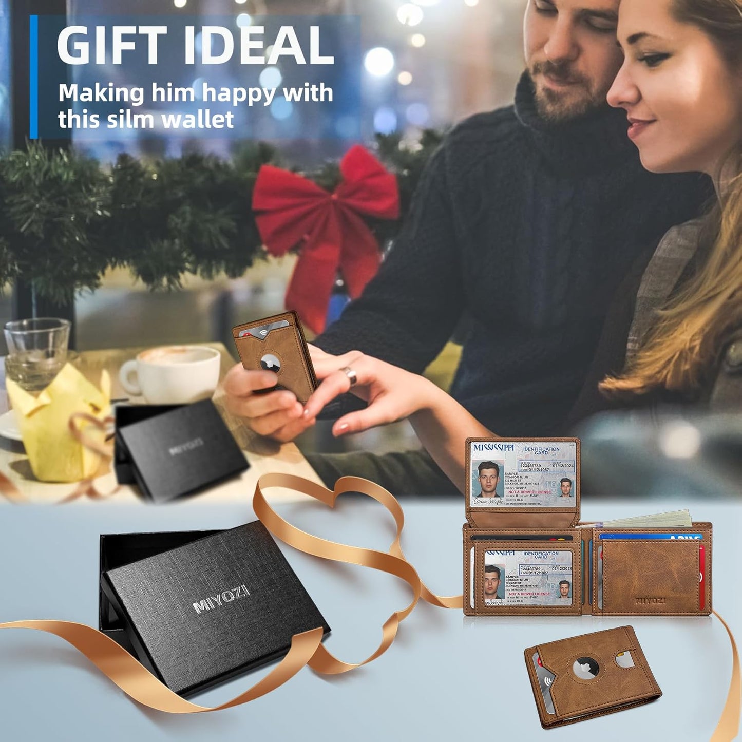 miyozi AirTag Wallet for Men, Slim Leather Bifold with Holder Slot, 2 ID Windows & 13 Card Slots, RFID Blocking Front Pocket Wallet with Gift Box