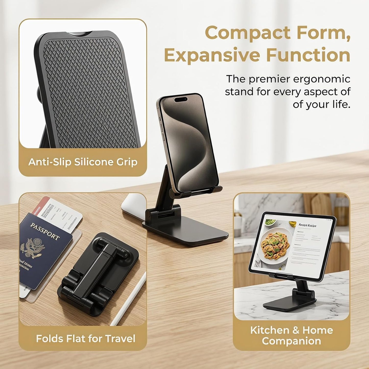 Phone Stand, PhoneHolder for Desk Anti-Slip Cute OfficeAccessories Forldable Cell PhoneHolder Compatible with iPhones, AllMobile Phones, White-Silver, Pro