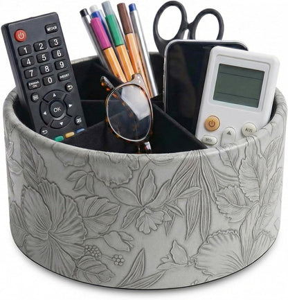 Round Leather Art Supply Organizer,Remote Control Holder,360 Degree Rotating,Multi-Functional Pencil Holder,4 Compartments Desktop Stationary Organizer(1-Fractal Flower) | Round - Colors C