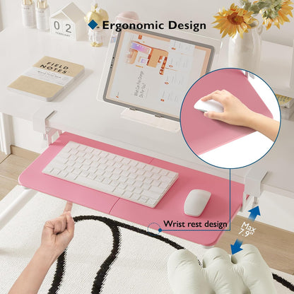 BONTEC KMT01 Under Desk Keyboard Tray, Pull-Out Keyboard & Mouse Platform with C-Clamp, 25.6 x 11.8 in Space-Saving Ergonomic Slide-Out Drawer, White