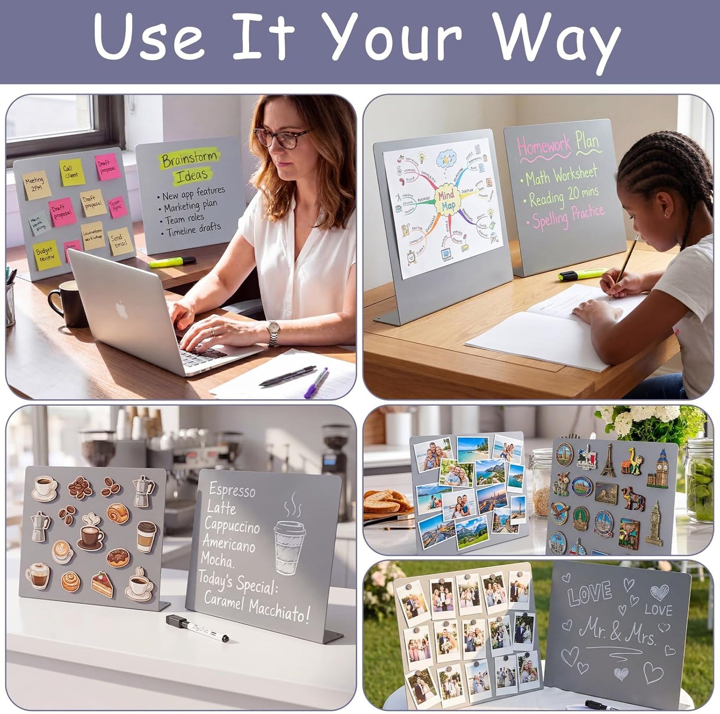 Geyoga 2 Pack Magnetic Bulletin Board with Stand, 16 x 12 Inch Black Magnet Display Board for Memo, Menu, Notes, Photos, for Kitchen Countertop, Office Desk, School