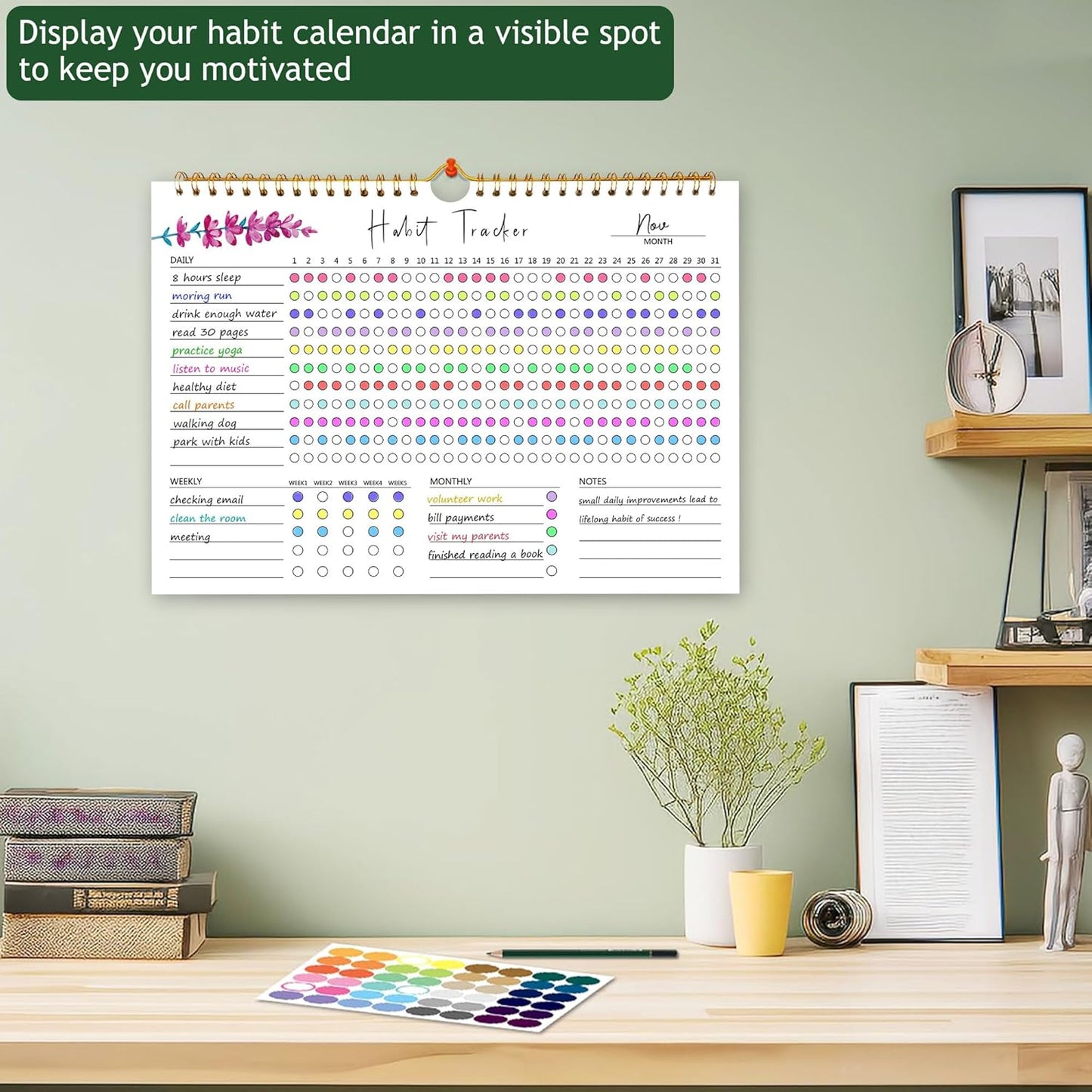 Habit Tracker Calendar, Aesthetic Daily Weekly Goal and Habit Tracker Journal, 12 Months Undated Habits Tracker Planner with Spiral Binding, Boost Productivity Tool and Workout Calendar, 11.7"x8.5"