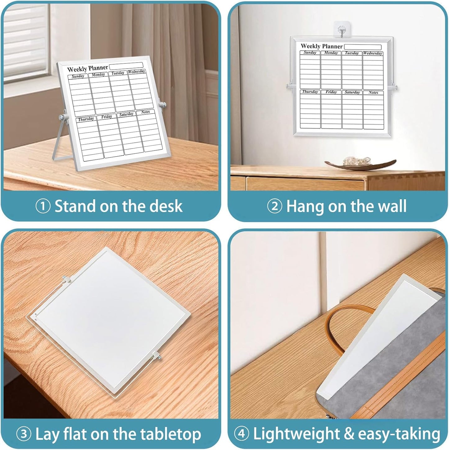 Magnetic Dry Erase White Board with Stand, 10" x 10" Double-Sided Desktop Whiteboard, Mini Portable Weekly Calendar Planner Board Set with 6 Markers, 4 Magnets, 1 Marker Holder & 1 Eraser