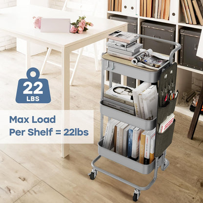DTK 3 Tier Metal Utility Rolling Cart with Table Top and Side Bags, Tray Storage Organizer Wheels, Art Craft 4 Hooks for Kitchen Bathroom Office Living Room (Black)
