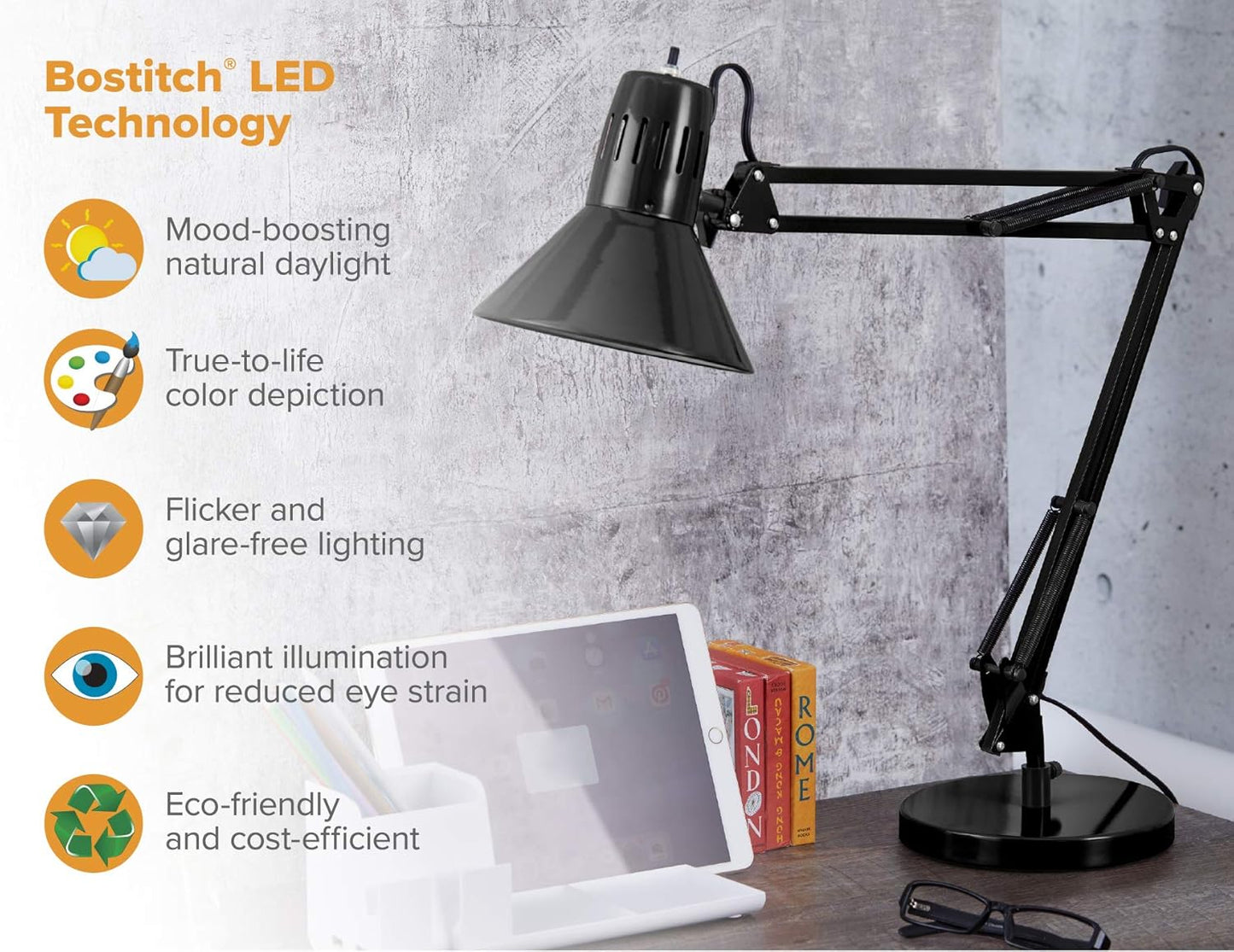 Bostitch Office VLF100 LED Swing Arm Desk Lamp with Clamp Mount, 36" Reach, Includes LED Bulb,Black