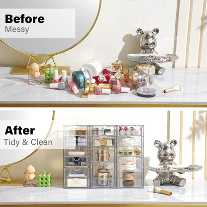 Prsildan Acrylic Drawer Makeup Organizer with 6 Drawers (Not for Baby Bottle), Set of 2 Office Desk Organizers Accessories, Clear Stackable Storage Drawers for Vanity, Craft (Largest Drawer 4" Tall)