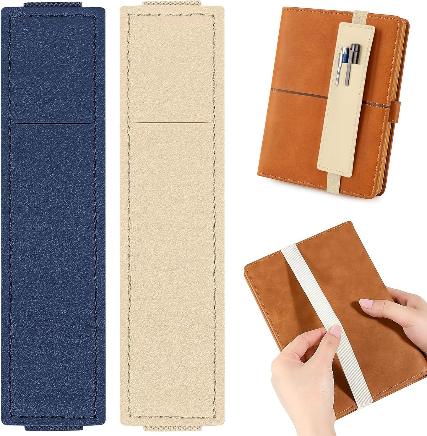 Tokusatsu 2 Pack Adjustable Elastic Pen Holder for Notebook, PU Leather Pencil Pouch with Stretchable Band, Fits Journals, Binders, Planners, Books, Portable Pen Sleeve Pouch, Off-White