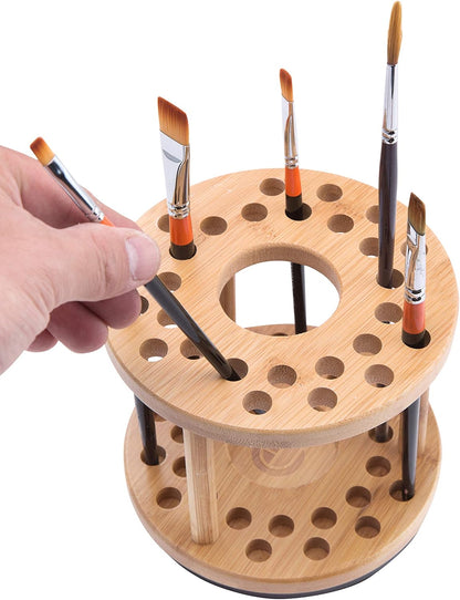 JackCubeDesign 360 Rotating Paint Brush Holder Bamboo Watercolor Artist Brush Water Coloring Organizer Display Stand Tray Rack with 27 Holes and 1 Big Hole – MK441A