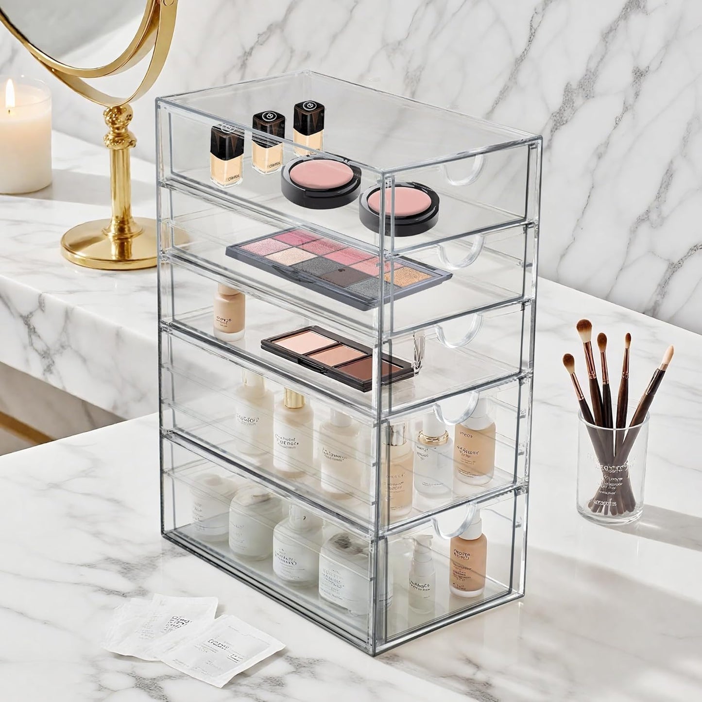 Prsildan Acrylic Drawer Makeup Organizer with 6 Drawers (Not for Baby Bottle), Set of 2 Office Desk Organizers Accessories, Clear Stackable Storage Drawers for Vanity, Craft (Largest Drawer 4" Tall)