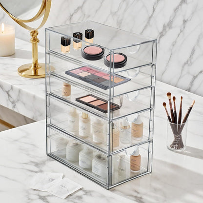 Prsildan Acrylic Drawer Makeup Organizer with 6 Drawers (Not for Baby Bottle), Set of 2 Office Desk Organizers Accessories, Clear Stackable Storage Drawers for Vanity, Craft (Largest Drawer 4" Tall)