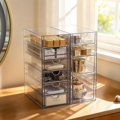 Prsildan Acrylic Drawer Makeup Organizer with 6 Drawers (Not for Baby Bottle), Set of 2 Office Desk Organizers Accessories, Clear Stackable Storage Drawers for Vanity, Craft (Largest Drawer 4" Tall)