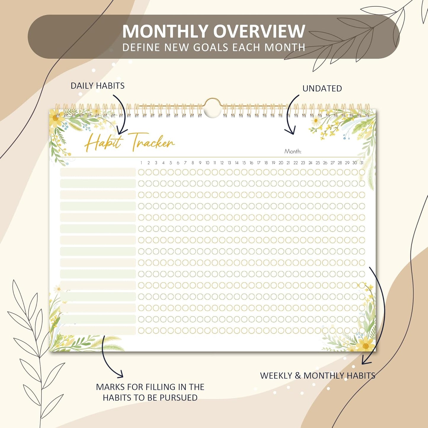 BIROYAL Habit Tracker Calendar 2026 (Undated 12 Months) - Daily Habit Tracker Jounal with Spiral Binding & Hanger - Goal Tracker - Motivational Monthly Habit Calendar - Productivity Tool and Workout Calendar - 8.6" x 11.2"