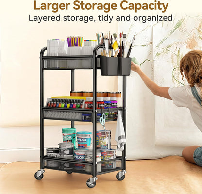 YASONIC 3 Tier Rolling Cart – Metal Utility Storage Carts with Wheels, Craft Carts Organizer with Hanging Cups, Hooks, Mesh Basket for Bedside Kitchen Office Art, Green