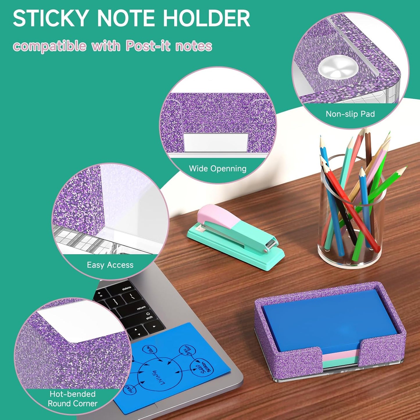 Sticky Note Holder, Glitter Pink Acrylic Notepad Holder 3x3 in Self-Stick Note Dispenser Office Desk Accessories, Memo Pad Holder Organizer for Classroom School Supplies