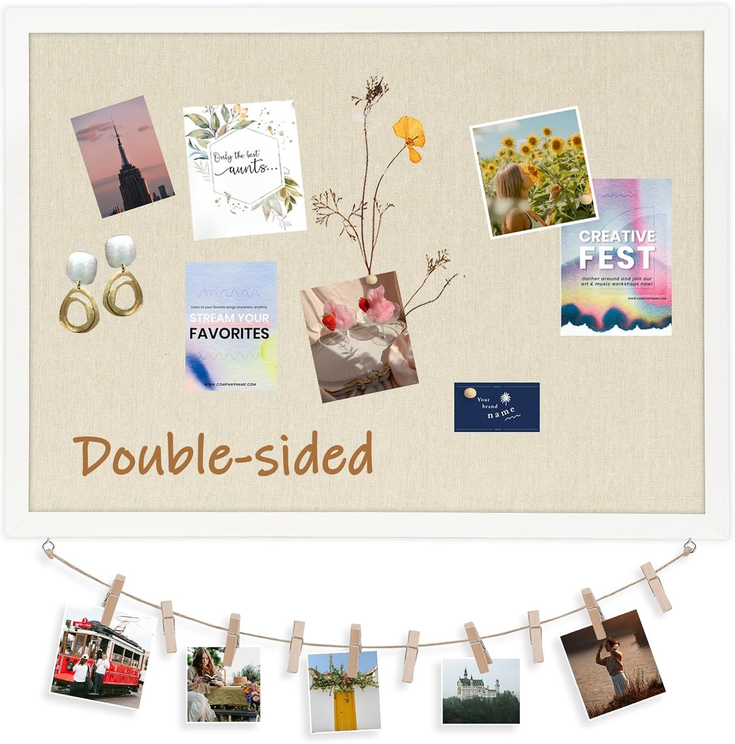 DOLLAR BOSS Bulletin Boards with Linen 1-Pack 16''X 12'' Double-Sided Cork Board for Walls Wood Framed Bulletin Boards, Small Pin Board for Home Kitchen Office Decorative Hanging 10 Pushpins