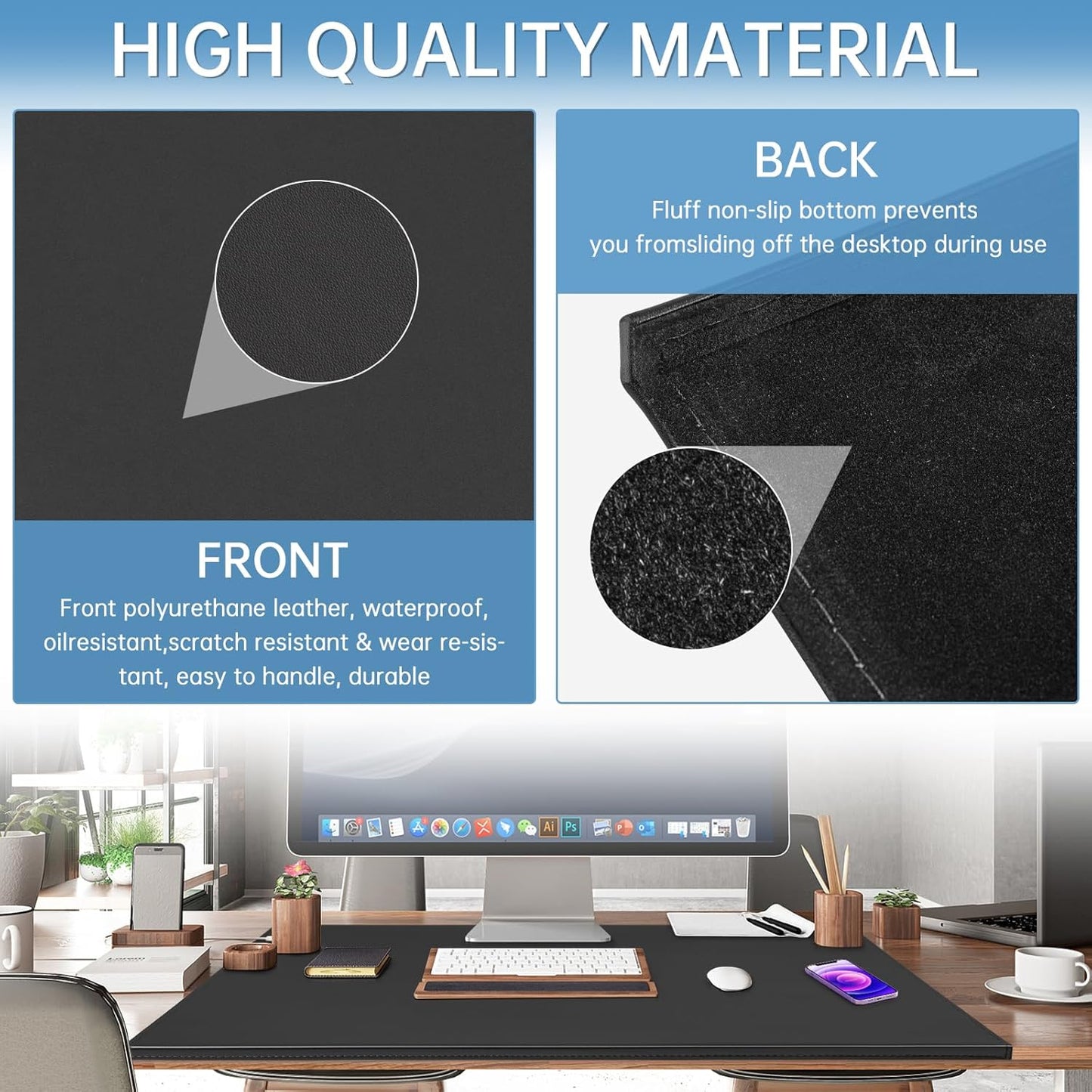 AKOZLIN 35.4"x 18.9" Soft PU Leather Surface Office Desk Mouse Mat Anti-Push Pad with Full Grip Fixation Lip Table Blotter Edge-Locked Protector