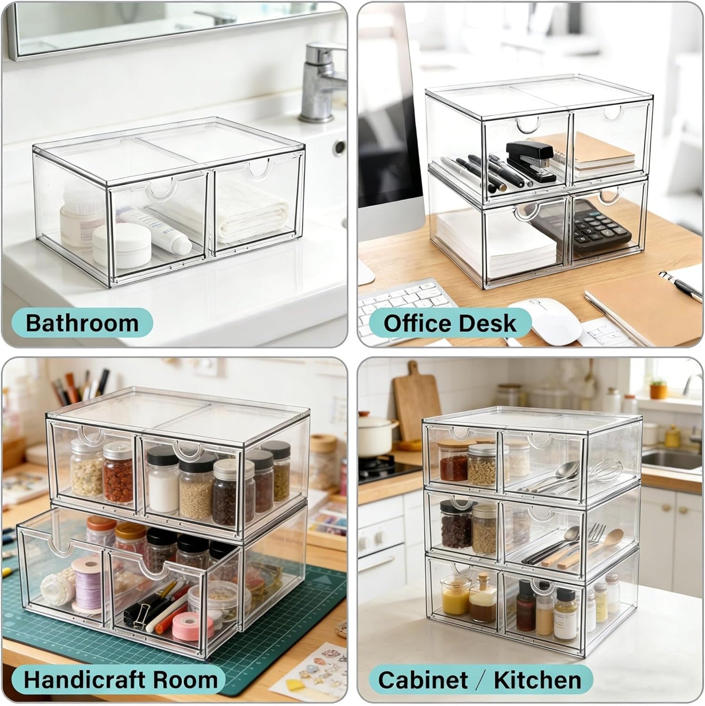 Prsildan Acrylic Drawer Makeup Organizer with 6 Drawers (Not for Baby Bottle), Set of 2 Office Desk Organizers Accessories, Clear Stackable Storage Drawers for Vanity, Craft (Largest Drawer 4" Tall)
