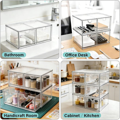 Prsildan Acrylic Drawer Makeup Organizer with 6 Drawers (Not for Baby Bottle), Set of 2 Office Desk Organizers Accessories, Clear Stackable Storage Drawers for Vanity, Craft (Largest Drawer 4" Tall)