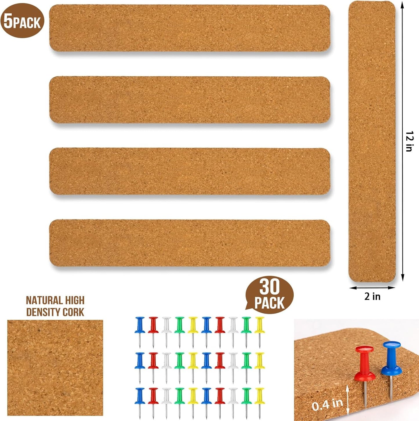 6 Pack Corkboard Strips for Walls, Self Adhesive Thick Cork Board Strips, Peel and Stick Cork Board with 50 Push Pins for Paste Notes, Photos, Schedules