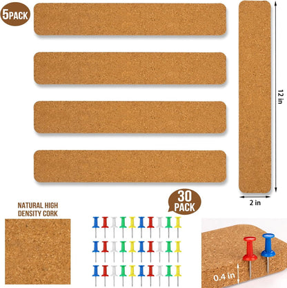 6 Pack Corkboard Strips for Walls, Self Adhesive Thick Cork Board Strips, Peel and Stick Cork Board with 50 Push Pins for Paste Notes, Photos, Schedules
