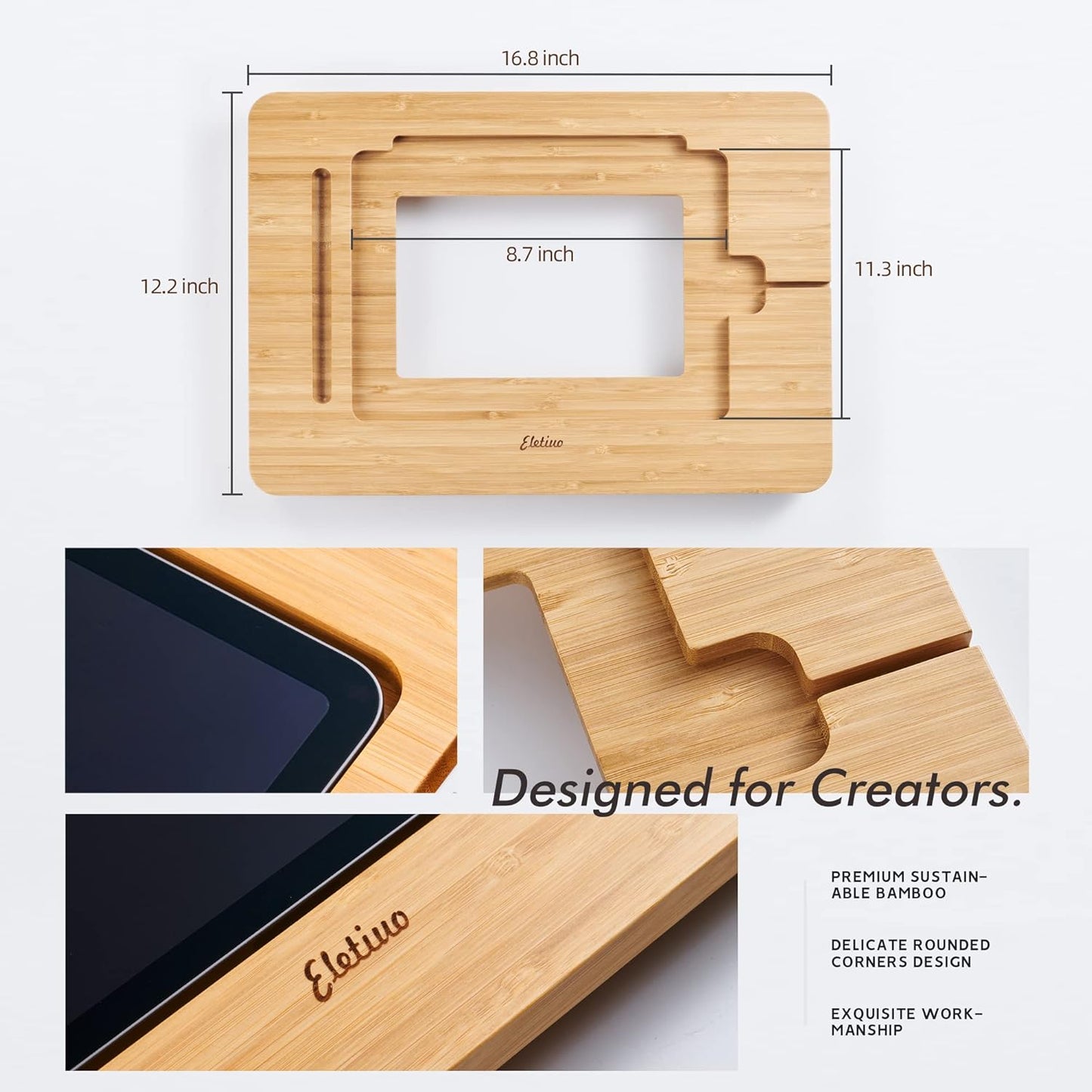 ELETIUO Adjustable Tablet Stand with Pencil&Charger Cable Slot,Bamboo Wooden Stand with Multiple Angles,Organizer Desktop Holder for Drawing,Compatible with ipads(Support to 9.7-11" Devices)