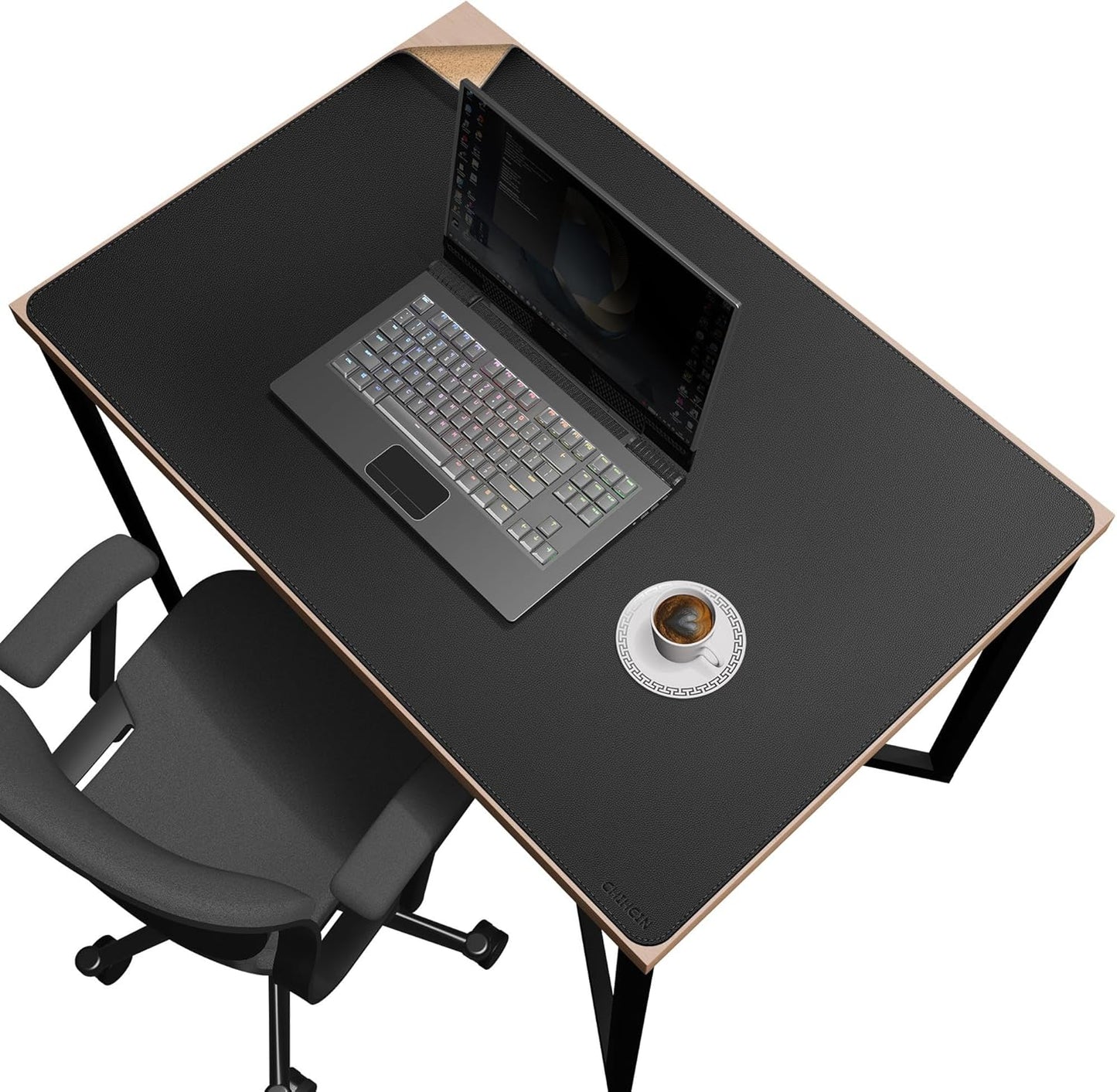 Chihein 2XL 35" x 16" Cork & PU Leather Desk Mat, Dual Sided Desk Pad Protector, Waterproof Writing Blotter for Gaming, Office, Home (Black)
