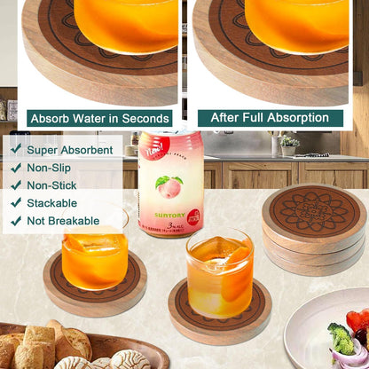Wood Coasters for Drinks, Minacun Absorbent Coaster Sets of 5, Drinks Coasters for Coffee Tabletop Protection, Non-Slip, Non-Stick, Suitable for Kinds of Cups Wooden Table Drink, 4.3 Inches Black