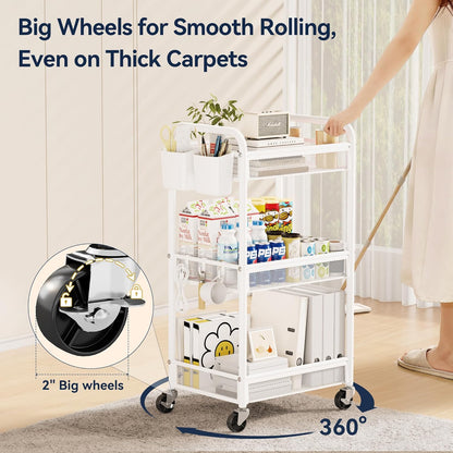 YASONIC 3 Tier Rolling Cart – Metal Utility Storage Carts with Wheels, Craft Carts Organizer with Hanging Cups, Hooks, Mesh Basket for Bedside Kitchen Office Art, Green