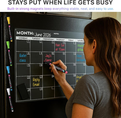 Magnetic Whiteboard for Fridge - Large Dry Erase Calendar for Wall | 2 Magnetic Dry Erase Board 10.5" x 16.5" & 7" x 16.5", Monthly Goal Setting & Habit Tracker, 5 Markers and 6 Adhesive Hooks