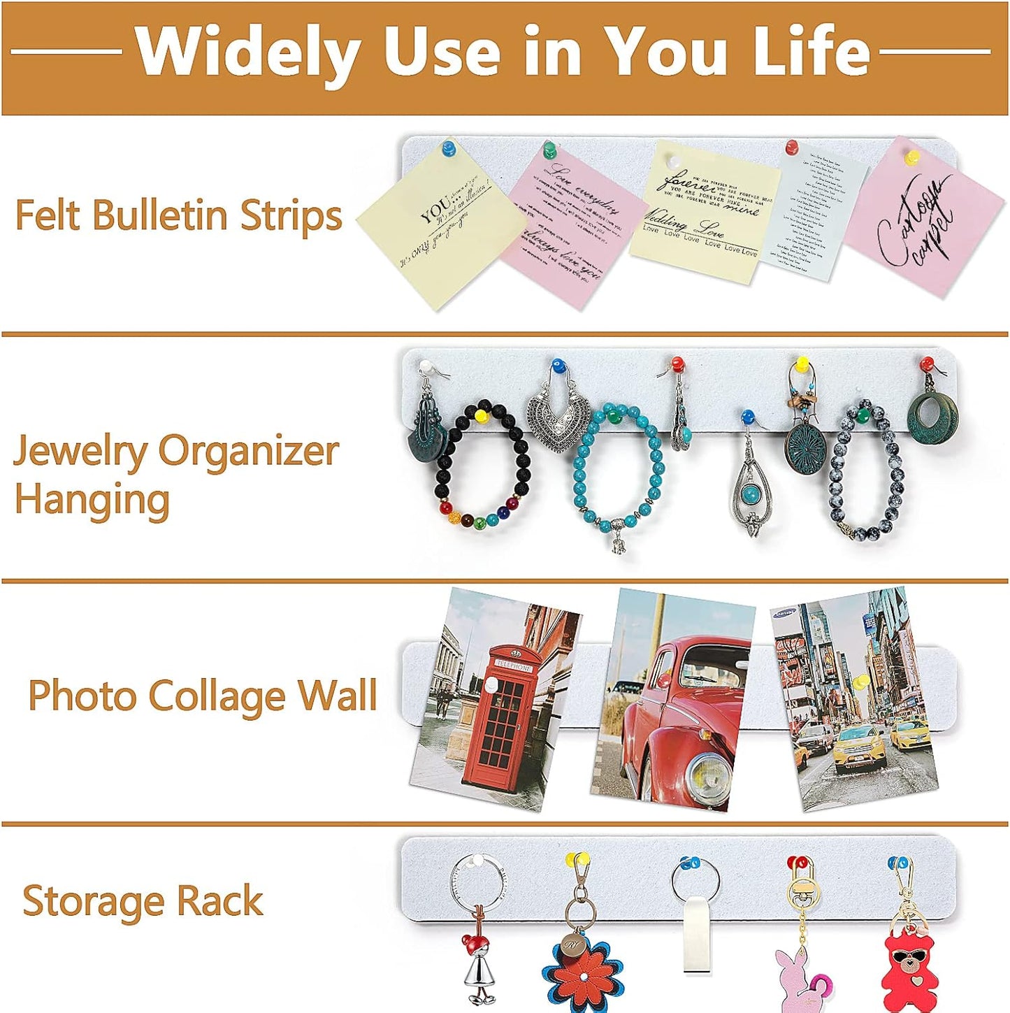 Felt Pin Board Bar Strips Bulletin Board for Bedrooms Offices Home Wall Decoration, Notice Board Self Adhesive Cork Board with 35 Push Pins for Paste Notes, Photos, Schedules