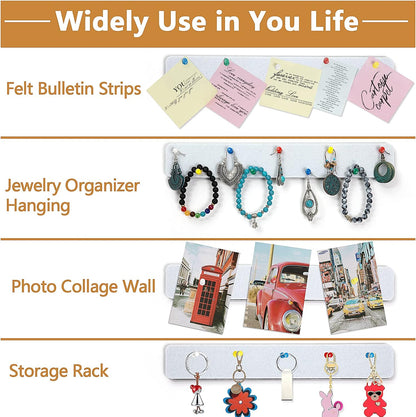 Felt Pin Board Bar Strips Bulletin Board for Bedrooms Offices Home Wall Decoration, Notice Board Self Adhesive Cork Board with 35 Push Pins for Paste Notes, Photos, Schedules