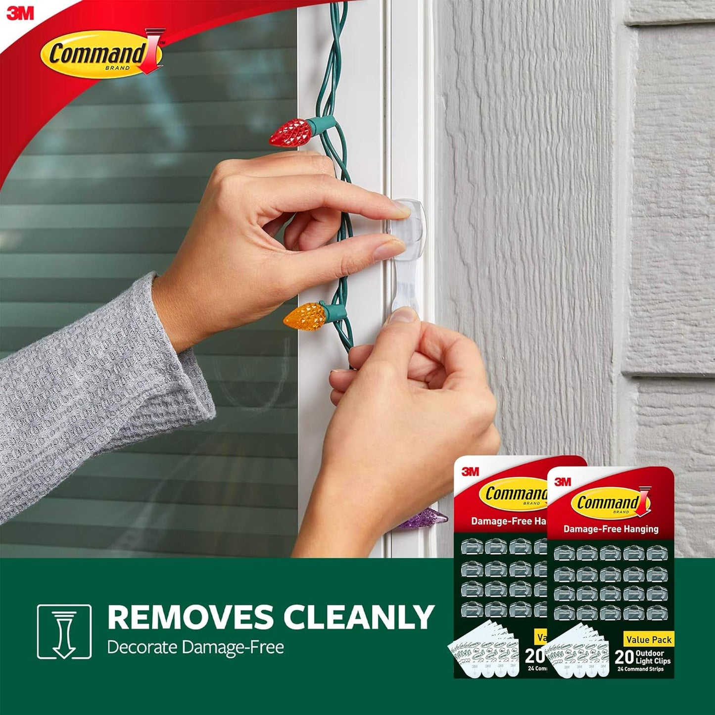 Command Outdoor Light Clips, 20 Clear Clips and 24 Command Strips, Damage-Free Hanging Outdoor Light Clips with Weather Resistant Strips, Wall Clip for Hanging Outdoor Lights and Cable Management