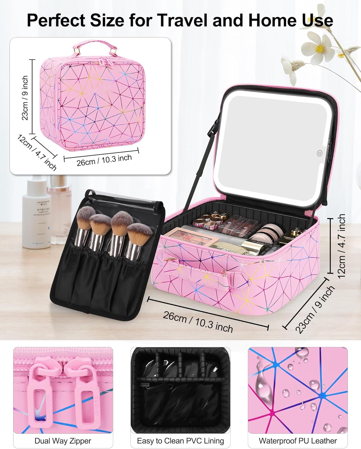 Relavel Travel Makeup Bag With LED Mirror, Cosmetic Train Case with Light up Mirror, Portable Makeup Artist Organizer Bag with Adjustable Dividers, Makeup Brush Holder Storage, Black