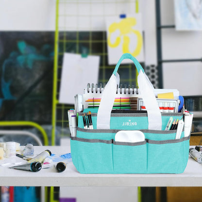 JJRING Craft Organizer Tote Bag for Art Storage, Caddy with Multiple Pockets, Bluish Green Sewing Bag for Scrapbooking, School, Medical, and Office Supplies
