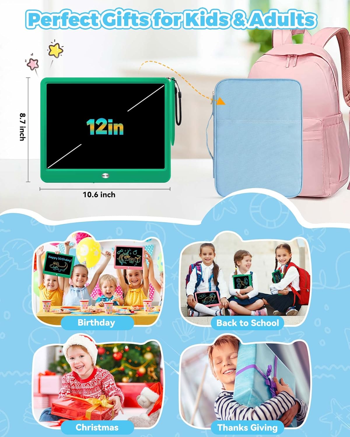 KOKODI 12 Inch LCD Writing Tablet with Anti-Lost Stylus, Erasable Doodle Board Colorful Toddler Drawing Pad, Car Travel School Games Toys for 3 4 5 6 7 8 Kids, Birthday Gift for Girls Boys Adults Blue